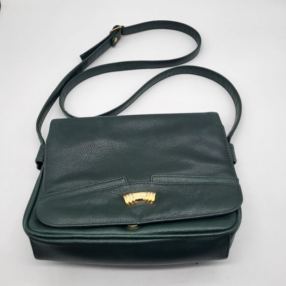 VTG Green Faux Leather Handbag Pocketbook Purse Gold Tone Decor - Picture 1 of 12